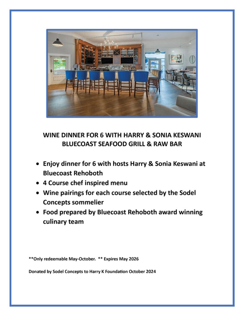 Enjoy a Gourmet Wine Dinner for Six at Bluecoast Seafood Grill & Raw Bar Rehoboth with hosts Harry & Sonia Keswani