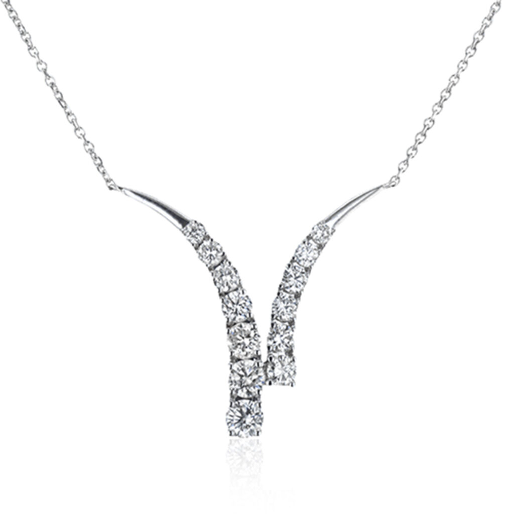 HarryK 14 Karat white gold diamond necklace shaped like a curvy “V”, 18” in length