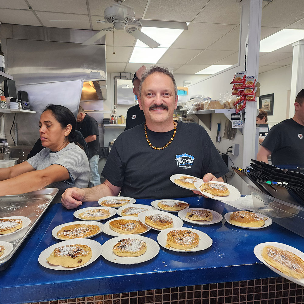 George offers up amazing chocolate chip pancakes at Goolie’s.
