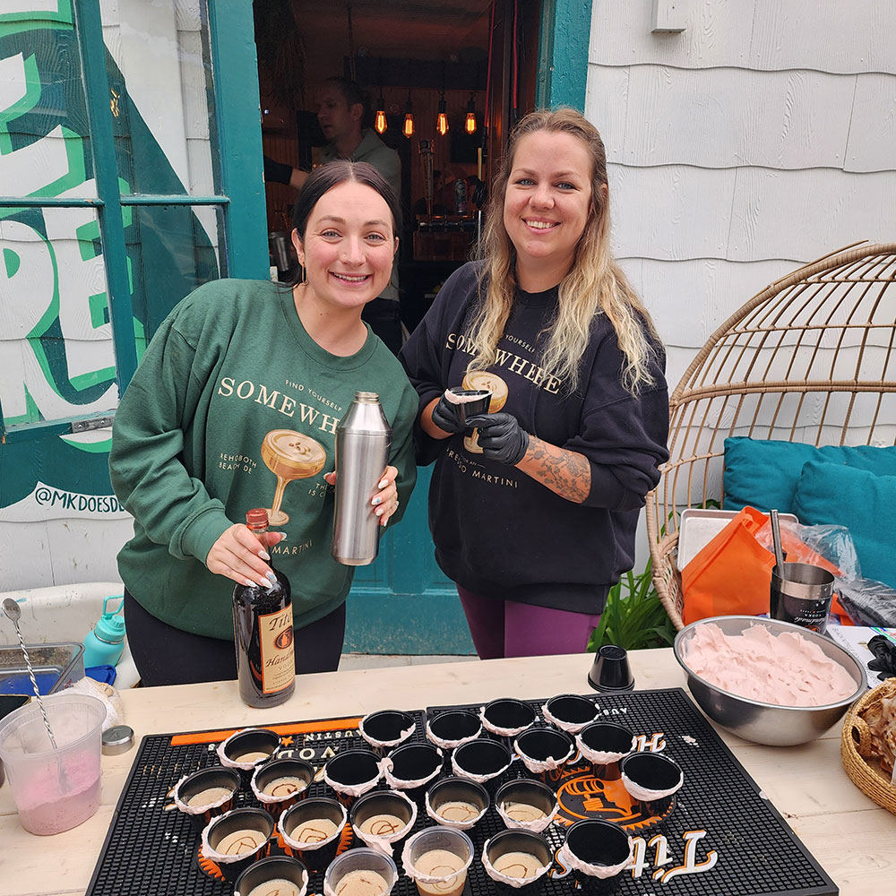 Nicole and Aileen work together at Somewhere to serve a chocolate-covered strawberry espresso martini with an inspired strawberry cheesecake rim.