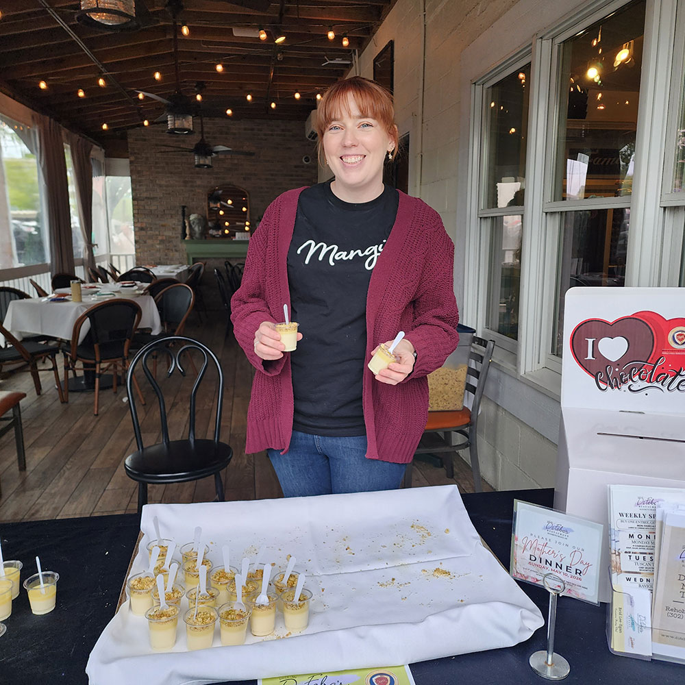 Brid Lee of DiFebo’s has great reason to smile as she shares her delightful white chocolate panna cotta with white chocolate ganache and pistachio shortbread crumble.