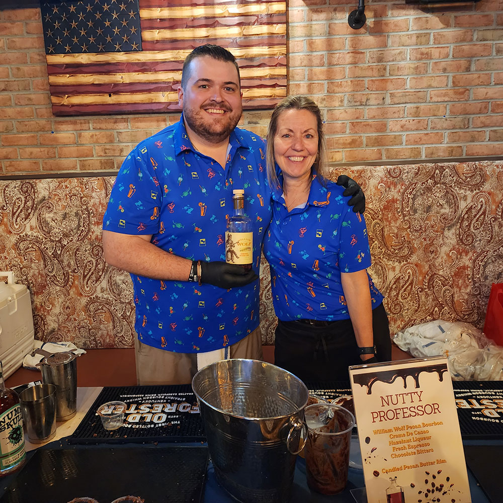 Puff, aka Ryan Helminiak, of Downtown Blues, created the Nutty Professor with pecan bourbon, crème de cacao, hazelnut liqueur, espresso, and chocolate bitters, and then finished the amazing cocktail with a candied pecan butter rim.